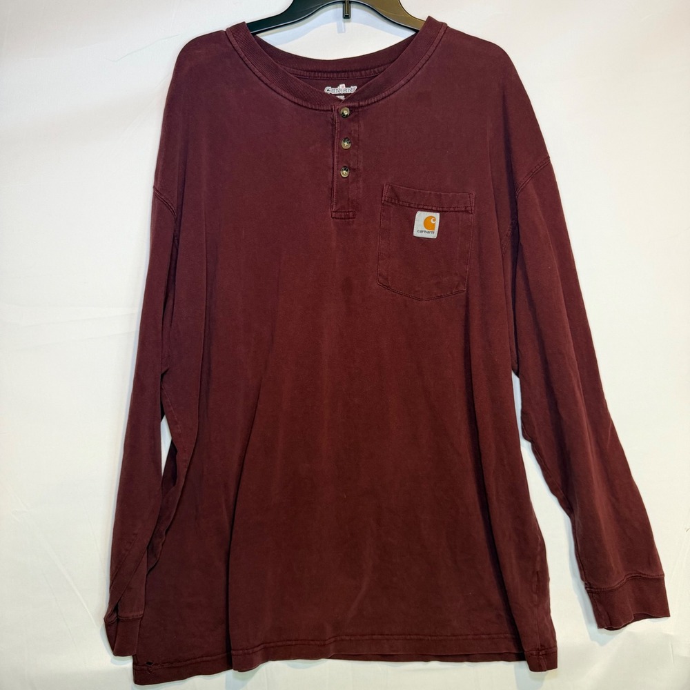 Carhartt Mens 2XL Long Sleeve Henley Shirt Burgundy Maroon Cotton Pocket K128